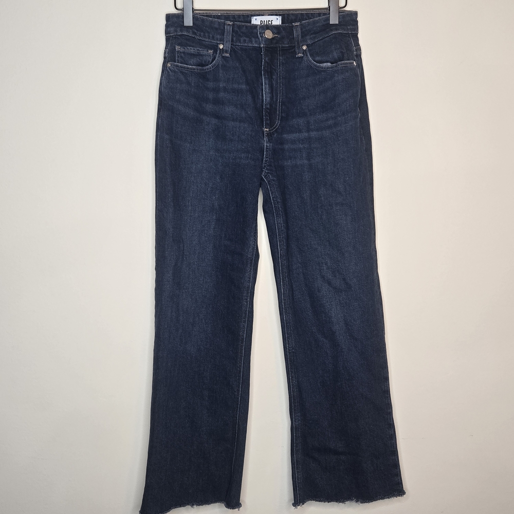 PAIGE Leenah Ankle Wide Leg Jeans Dark Wash High Rise Raw Hem Designer Denim